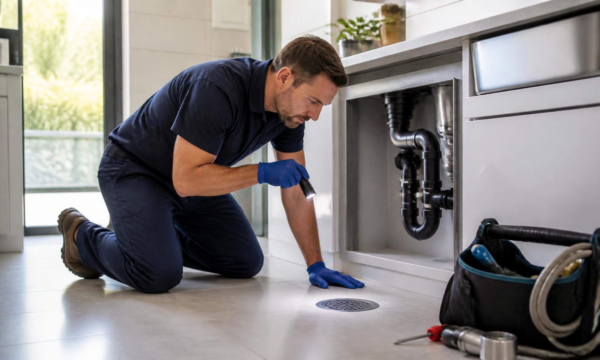 Profissional inspecionando ralo e encanamento em ambiente limpo